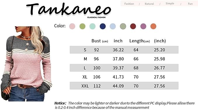 Tankaneo Women Colorblock Pullover Jumper Crew Neck Striped Slim Fit Knitwear Tops Sweater for Autumn Winter Orange