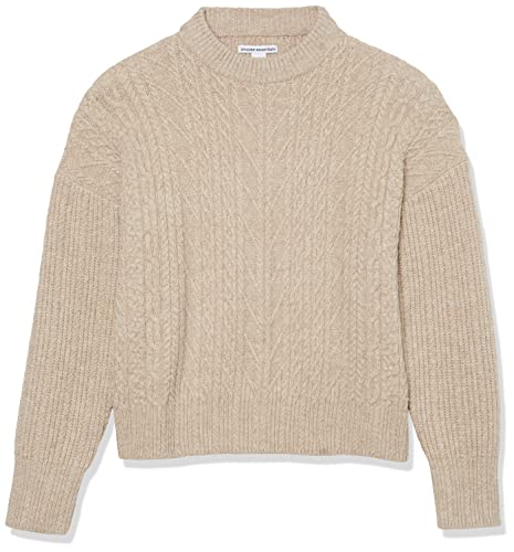 Amazon Essentials Women's Soft-Touch Modern Cable Crewneck Sweater (Available in Plus Size), Tan Heather, L