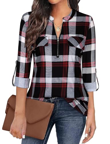 Gemulate Womens Zip Up Plaid Tunic Blouse Long 3/4 Roll Sleeve Polo Top Floral Printed Shirts Long Tops to Wear with Leggings Plaid Red 2-L