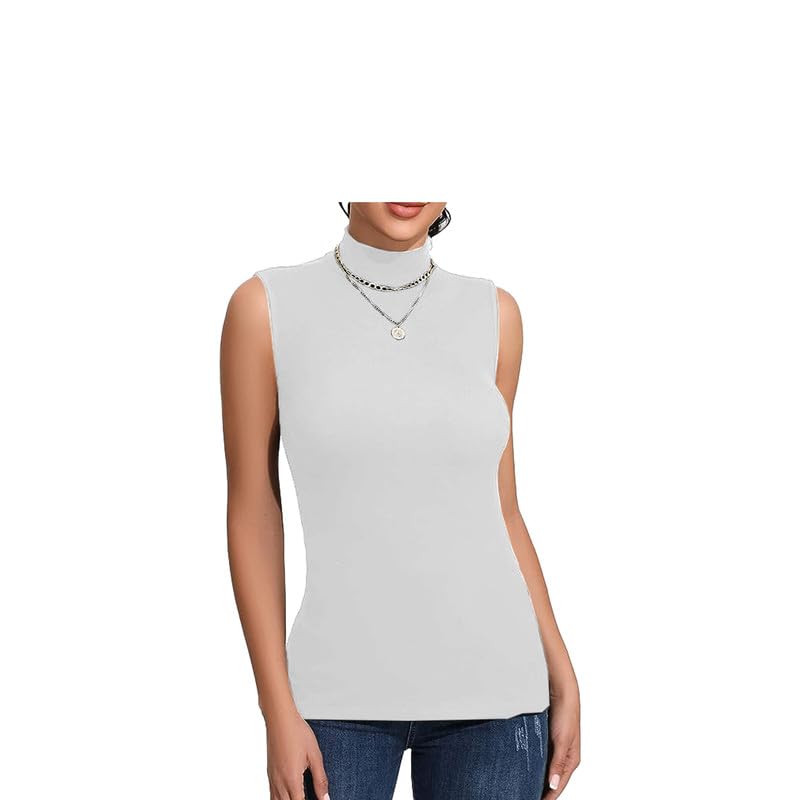 Prime fashions Ladies Turtle Neck Sleeveless Stretch Plain Polo Top (M-L, White)