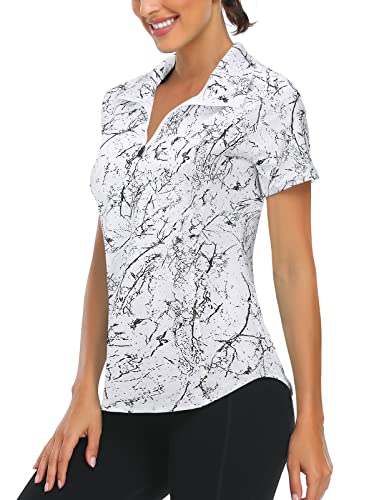 Polo Shirts for Women UK, Gym Tops Casual Short Sleeve Polo Shirt Ladied Gym Wear Sports Gym Workout Tops for Women with 1/4 Zipper Golf Outfits for Women Marble-M
