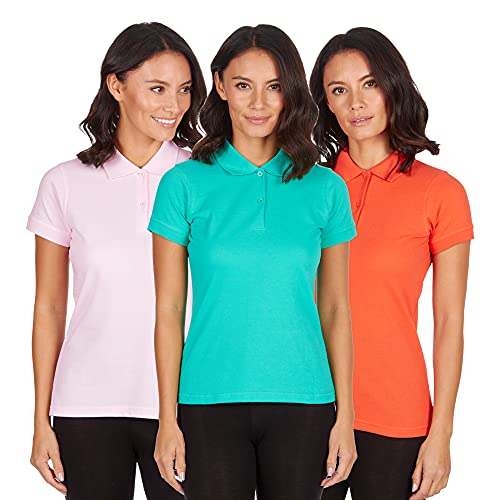 Metzuyan 3 Pack Womens Plain Short Sleeved Polo Shirt 100% Cotton Orange Mint Pink M