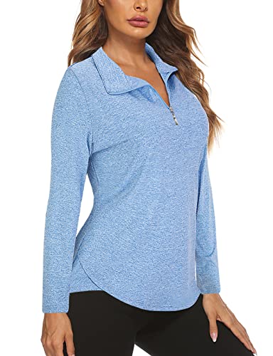 Gemulate Womens Plain Polo Shirts, Collared V Neck T Shirts Long Sleeve Yoga Golf Clothing 1/4 Zip up Sports Tops Women Blue Large