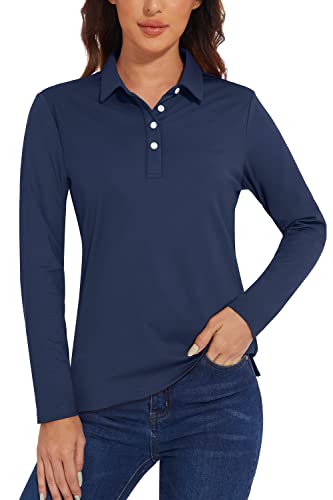 TACVASEN Womens Long Sleeve Polo Lady-fit Shirt Premium Sports Golf Polo T-Shirts UV Sun Protection T-Shirts Lightweight Tops Navy