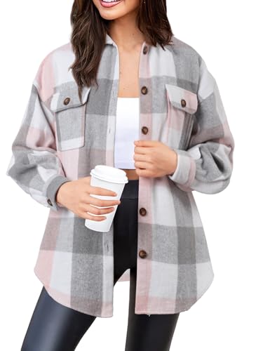 NIeyook Women Flannel Checked Shirt Long Sleeve Cotton Boyfriend Casual Plaid Shirt Ladies Button Down Blouse Top with Pockets Pink Grey,L
