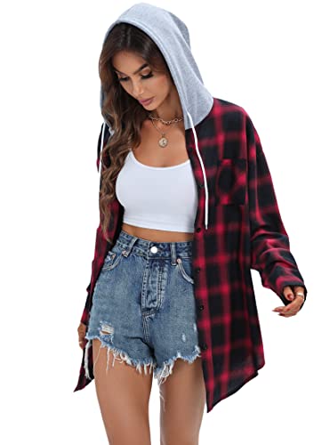 Jhsnjnr Women's Long Sleeve Tops Button Down Plaid Flannel Hoodie Oversized Checked Shirts Red