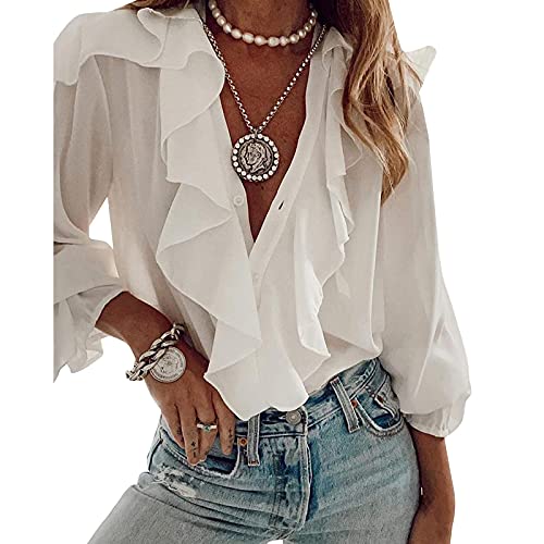 Women Long Sleeve Blouse Button Closure Ruffle Shirt Solid Colour Floral Butterfly Print Elegant V Neck Sexy Casual Office Chiffon Shirt Blouse (White, 3XL)