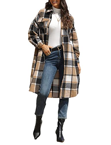 Sukany Women's Casual Lapel Wool Blend Long Plaid Shirt Button Down Long Sleeve Jacket Shacket Khaki M