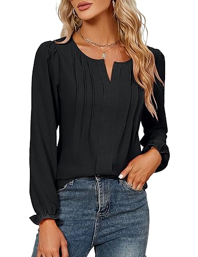 Blooming Jelly Womens Casual Chiffon Blouse Long Sleeve Tops V Neck Shirts Puff Sleeve T-Shirts Black