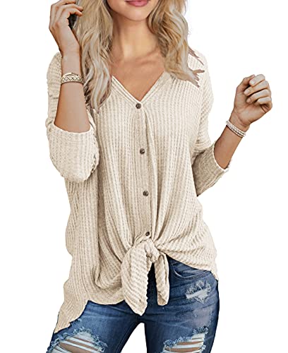 IWOLLENCE Women's Waffle Knit Tunic Knot Tie Blouse Long Sleeve Tops V-Neck Casual Loose Bat Wing Shirts (Oatmeal, M)