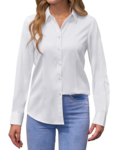 siliteelon Women's Shirt White Non Iron Long Sleeve Stretch Executive Shirt Regular Fit Women Blouse,L