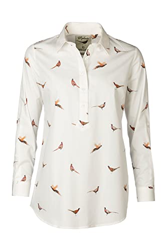 Rydale Ladies Printed Overhead Shirt Women’s Button Shirts Blouse Animal Print White Tops Tunic (as8, Numeric, Numeric_12, Regular, Regular, Pheasant White)