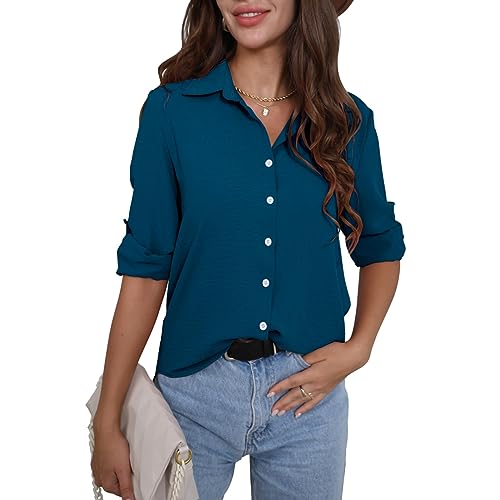 FWAY Womens Blouse Casual Long Sleeve Shirt Tops V Neck Button Down Shirts 3/4 Sleeve Chiffon Tunic T Shirts Blouse Teal