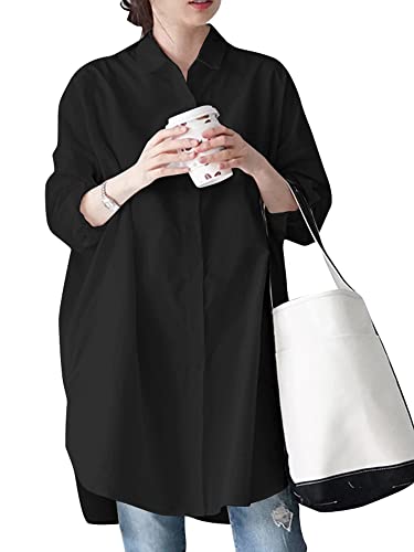 ZANZEA Women's Shirts Long Sleeve Button Down Blouses Cotton Linen Plus Size Tops Casual V Neck Roll up Sleeve Oversized Shirt Beach Cover Up Black-I20756 XXL