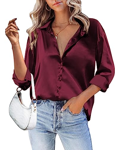 Zeagoo Women's Satin Silk Long Sleeve Button Down Shirt Formal Work Blouse Top (Wine Red,Medium)