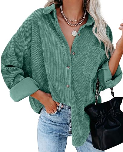 QIXING Womens Corduroy Oversized Shacket Button Down Boyfriend Shirts V Neck Cotton Long Sleeve Blouses with Pocket Casual Work Jacket for Women UK Ladies Tops Autumn Winter (Green, M)