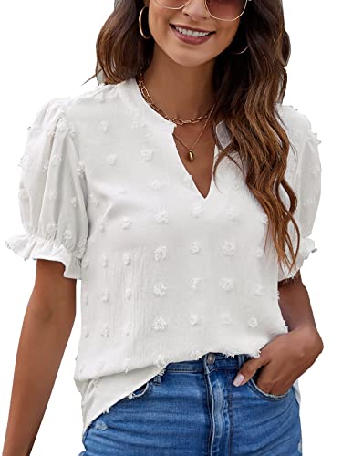 Blooming Jelly Womens Casual Summer Tops V Neck Chiffon Blouse Short Puff Sleeve Shirts White T-Shirts
