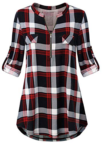 Odosalii Womens Zip Up Plaid Tunic Blouse Rolled Up Sleeve Polo Top Check Shirts, L, #1red