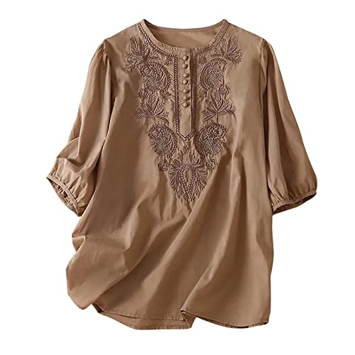 AMhomely Summer Womens Cotton Linen Loose Blouse Top Plus Size Embroidery Floral Blouse Work Office Casual Tshirts V Neck Short Sleeve Crop Tops Loose Fit Trendy Ladies Beach Blouse Khaki XXL