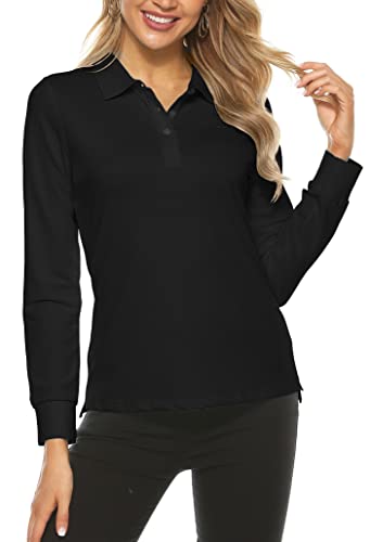 AIRIKE Women's Long Sleeve Polo Shirts Lady Fit Cotton Casual Golf Work Sports T-Shirts Black Size M