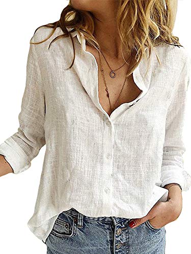 Abtel Linen Shirts for Women Casual Long Sleeve V Neck Blouse Shirt Button Down Ladies Office Work Loose Shirts White