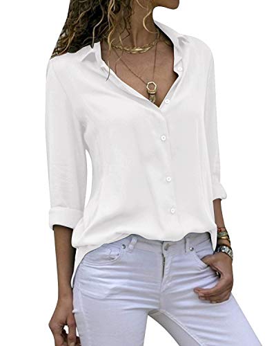 Cassiecy Womens Casual Chiffon V Neck Long Sleeve Button Down Blouse Solid Color Shirts Top(wh,l) White