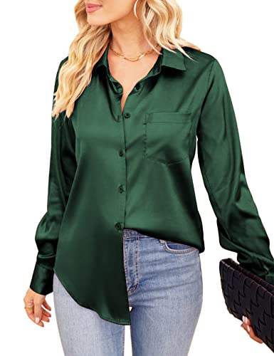 VIDUSSA Womens Button Down Shirt Satin Silk Long Sleeve Blouse Casual Office Work V Neck Tunic Tops Dark Green XL