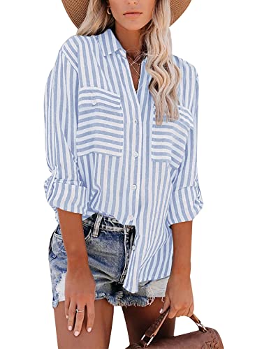 AmzBarley Womens Shirts and Blouses Button Down Roll up Long Sleeves Stripe Blouse Top Ladies Casual Spring Tunic Basic Shirt Office Work Clothes Blue L