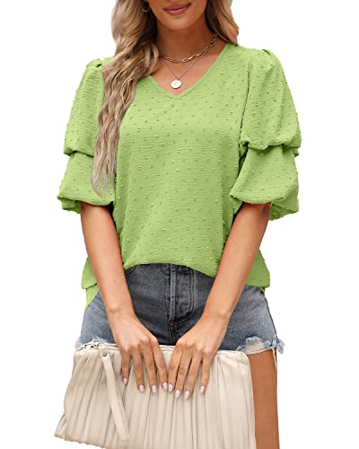 Aokosor Clearance Tops for Women Summer Ladies Tops V Neck Blouse Chiffon Green T Shirts Size 22-24