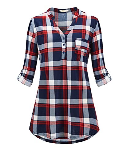 Style Slice Tunic Tops for Women UK, Checked Ladies Tops V-Neck, Plaid Blouses for Women UK Navy Blue Red