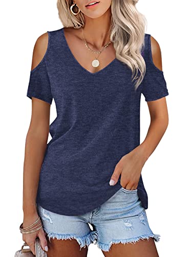 Beluring Women's Tops Comfy V Neck Short Sleeve Blouse Tee Shirts Navy Blue Size 12 14