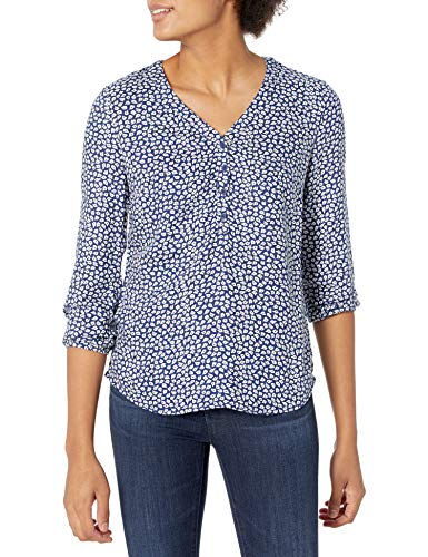Amazon Essentials Women's 3/4 Sleeve Button Popover Shirt, Navy White Petal Petal, M