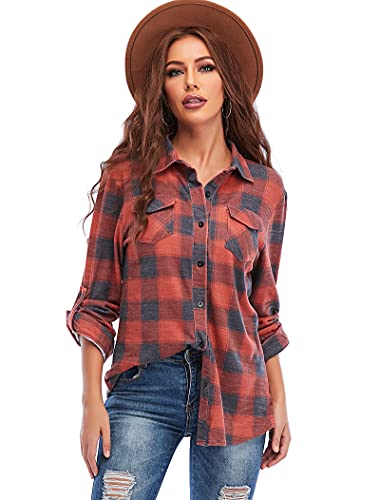 Jhsnjnr Women's Plaid Flannel Shirt Long Sleeve Button Down Checked Shirts Blouse Tops Red Navy Blue