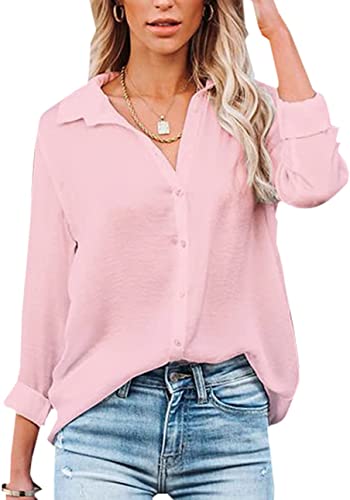 Womens Blouse Casual Long Sleeve Shirt Tops V Neck Button Down Shirts Basic Loose Tunic T Shirts (L, Pink)