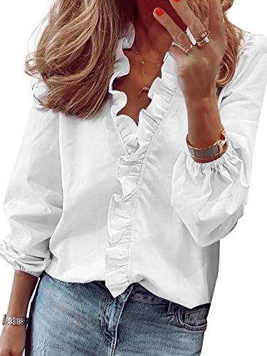 Morydal Ruffle Blouse for Women V Neck Shirt Blouse Long Sleeve Printed Shirts Ladies Elegant Shirt Office Work Blouses White M