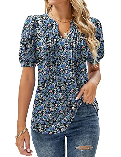 Womens Summer Tops Short Sleeve Casual T Shirts Comfy Soft Tunic Blouses for Women UK Elegant Floral Blue M (UK 12-14)