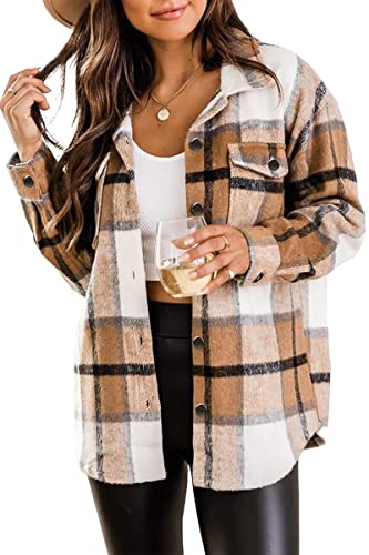 Timuspo Women's Plaid Flannel Shirt Long Sleeve Button Down Oversized Fleece Jacket Cotton Soft Brushed Casual Checked Shakcet Coat