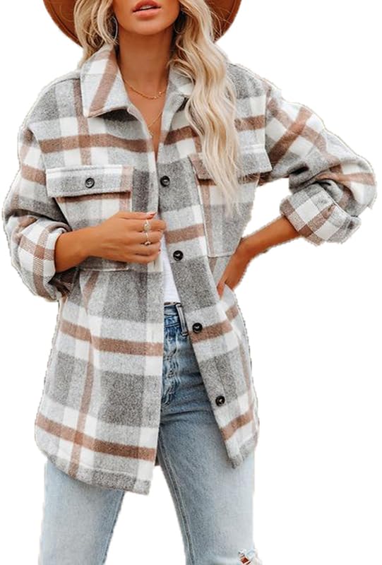 YUNDAI Womens Long Sleeve Plaid Shirts Flannel Lapel Button Down Jacket Shacket Coats With Pockets, Medium Light Gray