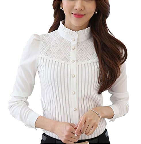 Womens Chiffon Vintage Stand Collar Button Down Shirt Long Sleeve Lace Blouse with Stretch White UK 8