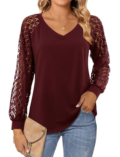 Beluring Tops for Women Casual Long Sleeve Shirt Elegant V Neck Tops Burgundy Size 12 14