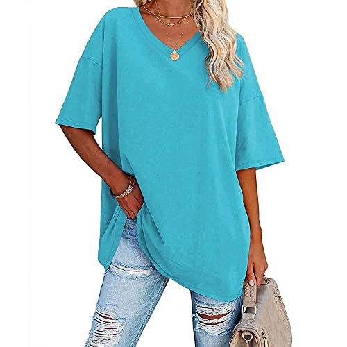 Famulily Short Sleeve Tshirt Half Sleeve Tops for Women UK Soft Casual V Neck Oversized Baggy Tshirts Sky Blue XL