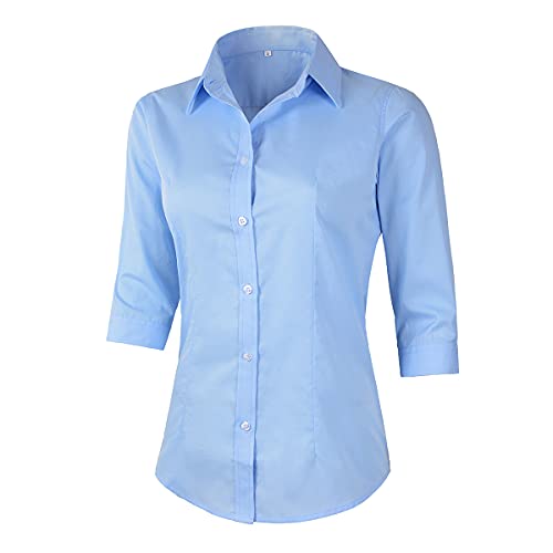 Benibos Women's 3/4 Sleeve Formal Work Wear White Button Down Shirt (226 Light Blue L)