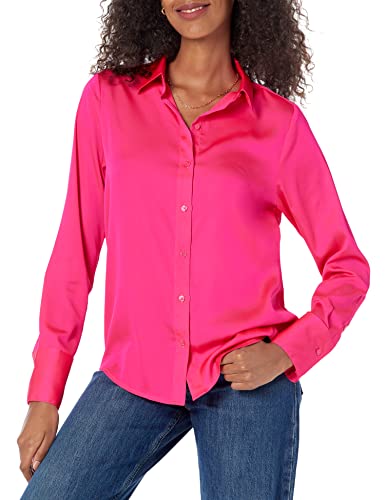 Amazon Essentials Women's Classic-Fit Satin Button Down Blouse (Available in Plus Size), Neon Pink, L