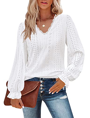 Flikity Ladies Evening Tops, Lace V Neck Puff Long Sleeve Eyelets Women's Shirts Dressy Casual Work Blouses Date Party Outfits Lightweight Elegant Trendy Spring Summer Fall Tunics Clothing White 2XL