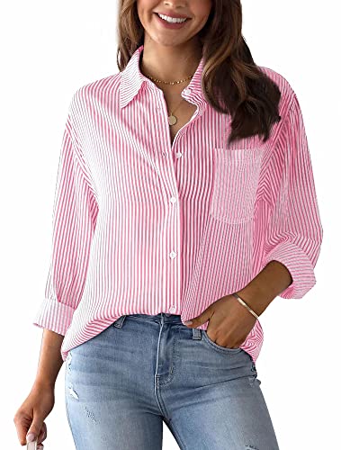 Womens Blouses Tops Stylish Tunic Linen Shirt Tops Causal Striped V Neck Tunic Tops Office Work Blouses Basic Shirts Button Down Shirt Long Sleeve Tops Pink L