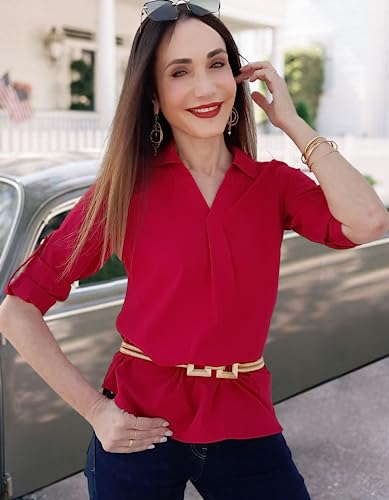 Women Shirts & Blouses Professional Work Office Wear Business Casual Tops Long Sleeve V Neck Chiffon Novelty T Shirts A-Wine Red