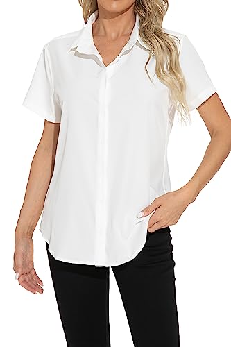 GUANYY Women's Short Sleeve Button Down Shirt - Versatile and Classic for All Occasions (Pearl White, Medium)