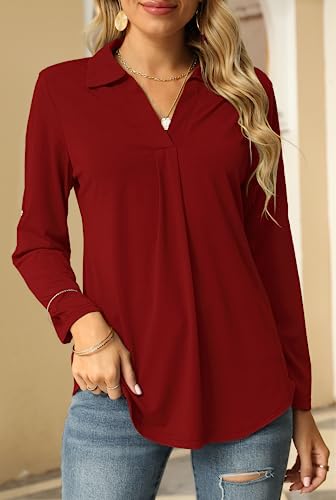 Women Shirts & Blouses Professional Work Office Wear Business Casual Tops Long Sleeve V Neck Chiffon Novelty T Shirts A-Wine Red
