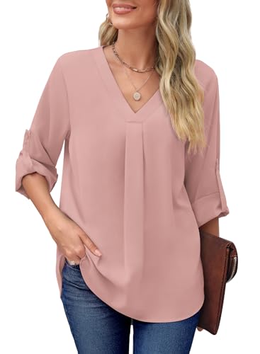 Aokosor Womens Blouses Ladies V Neck Long Sleeve Tops Chiffon Tunics Hot Pink 18-20