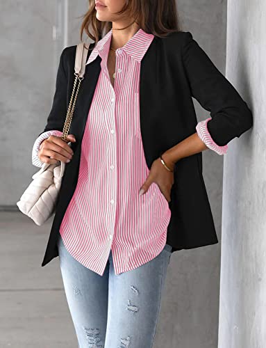 Womens Blouses Tops Stylish Tunic Linen Shirt Tops Causal Striped V Neck Tunic Tops Office Work Blouses Basic Shirts Button Down Shirt Long Sleeve Tops Pink L